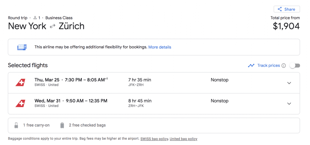 Swiss Business New York to Zurich